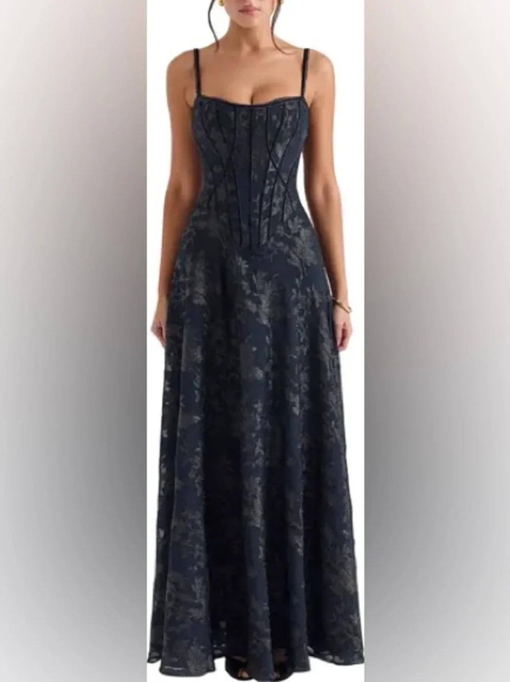 House of CB Maxi Dress Navy Blue Floral Esme Fil Coupe Corset Gown size XS - Picture 2 of 12